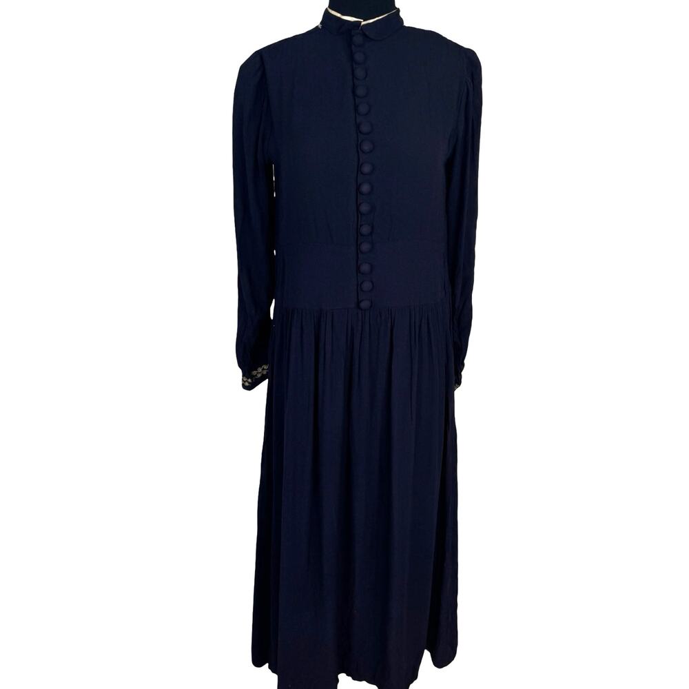 Vintage 1930s Navy Rayon Crepe Day Dress Soutache Trim Smocked Button Front M